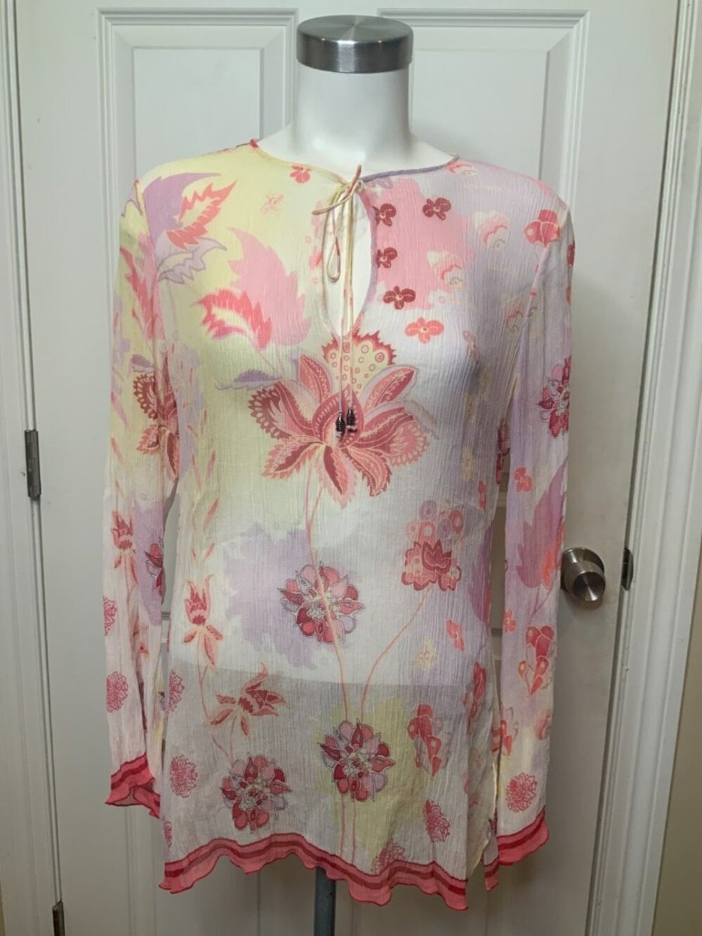 Elie Tahari Sheer Pink Floral Silk Tie-Neck Top, Size Large